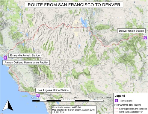 Map of MTP rail travel from San Francisco, California to Denver, Colorado